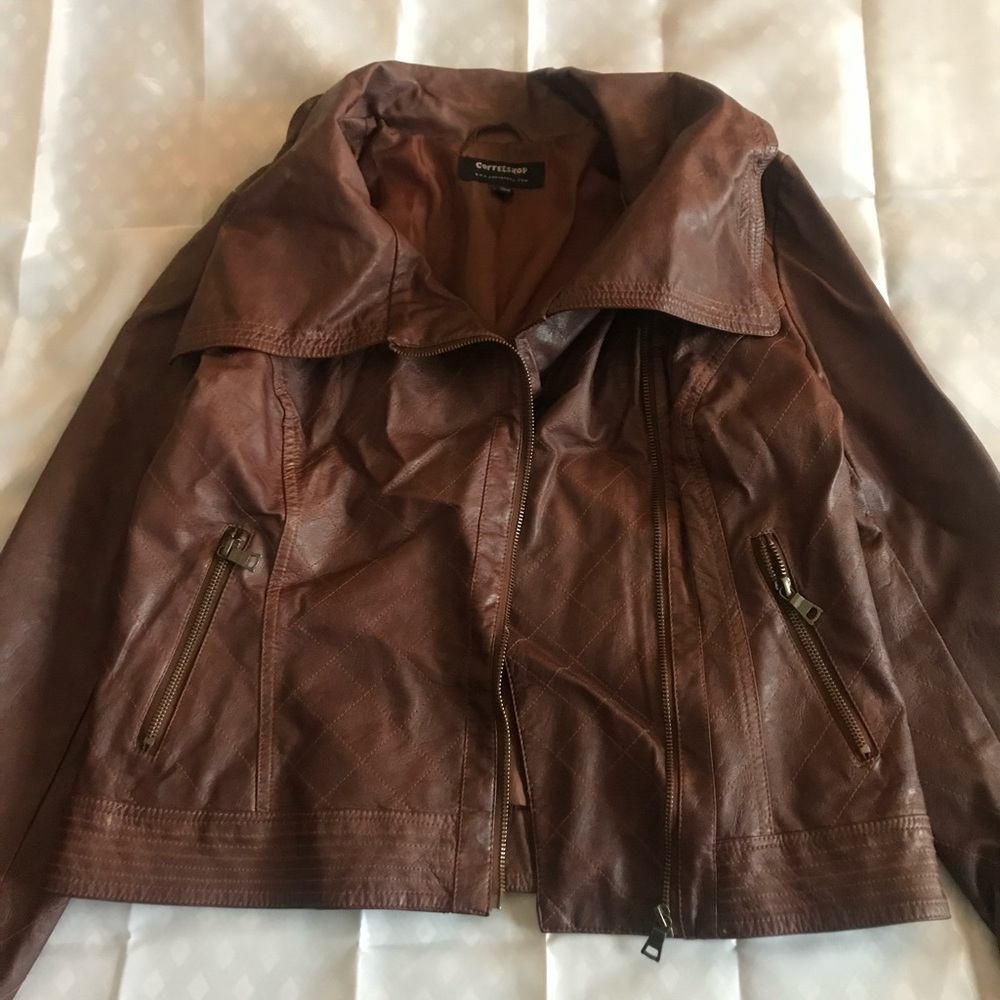 Brown, pleather moto jacket